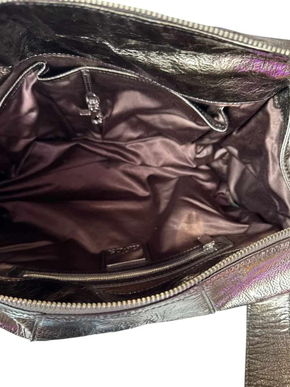 Kooba Metallic Bronze Double Strap Top Zip & Front Zipped Pockets Shoulder Bag